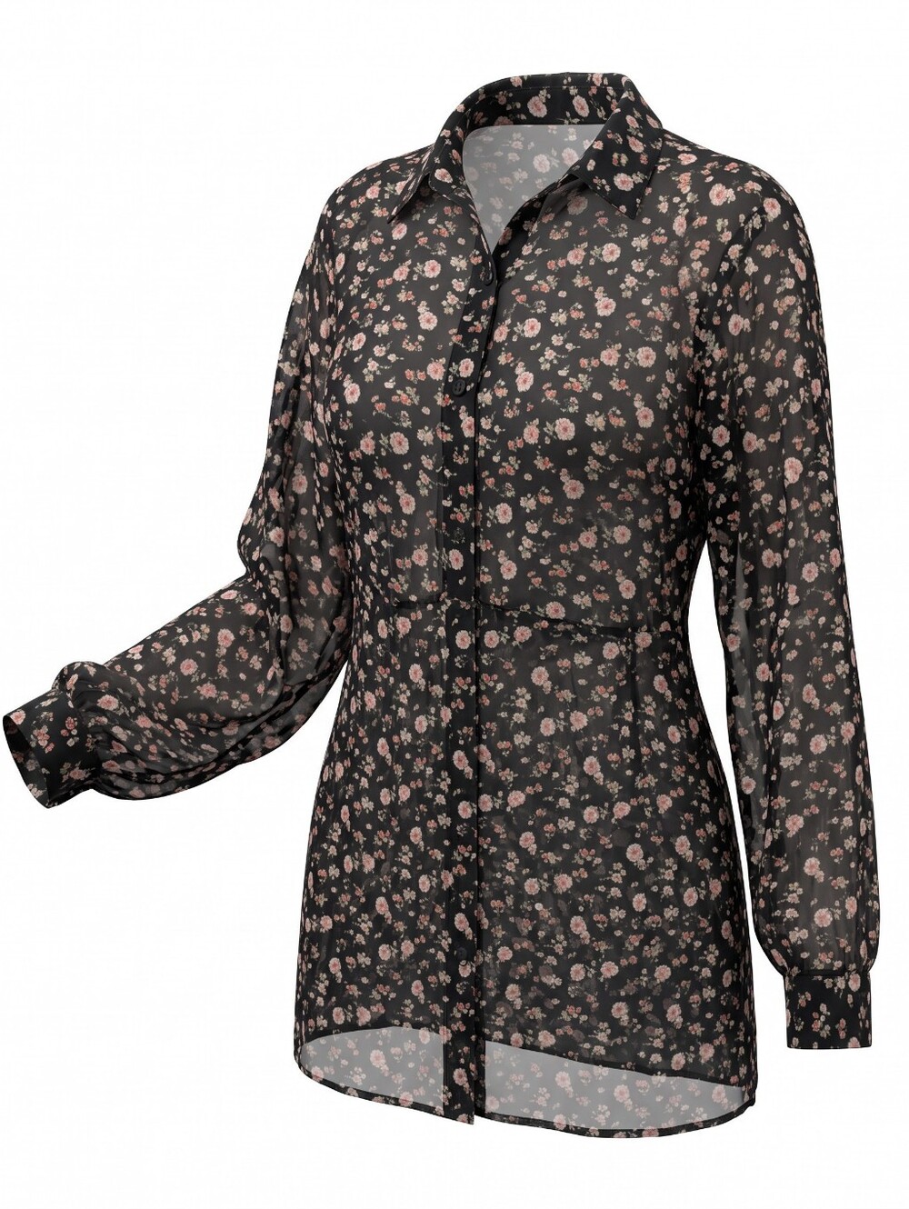 Torrid Semi-Sheer Roll Tab Button Down Blouse - Black with Pink Floral 3X
